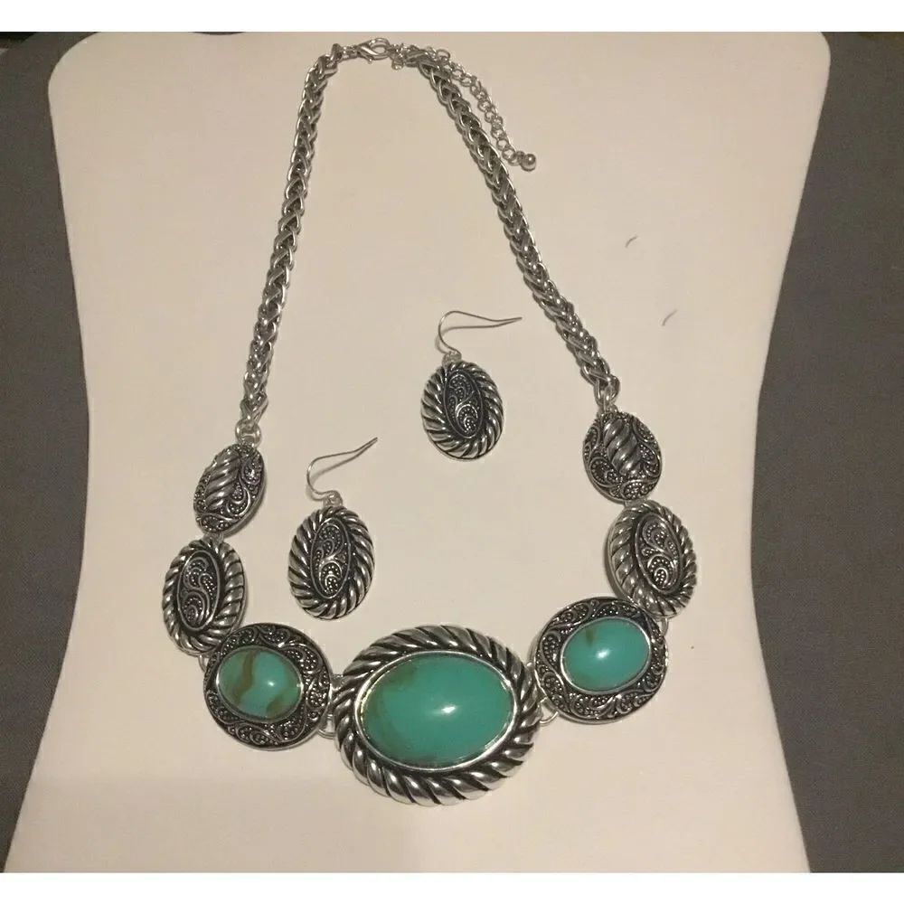 Silver Turquoise Filigree Necklace Set - Picture 2 of 2